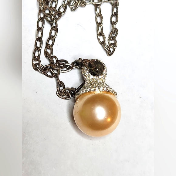 cezanne Jewelry - Vintage Mid Century Cezanne Signed Large Faux Pearl Rhinestone Pendant Necklace